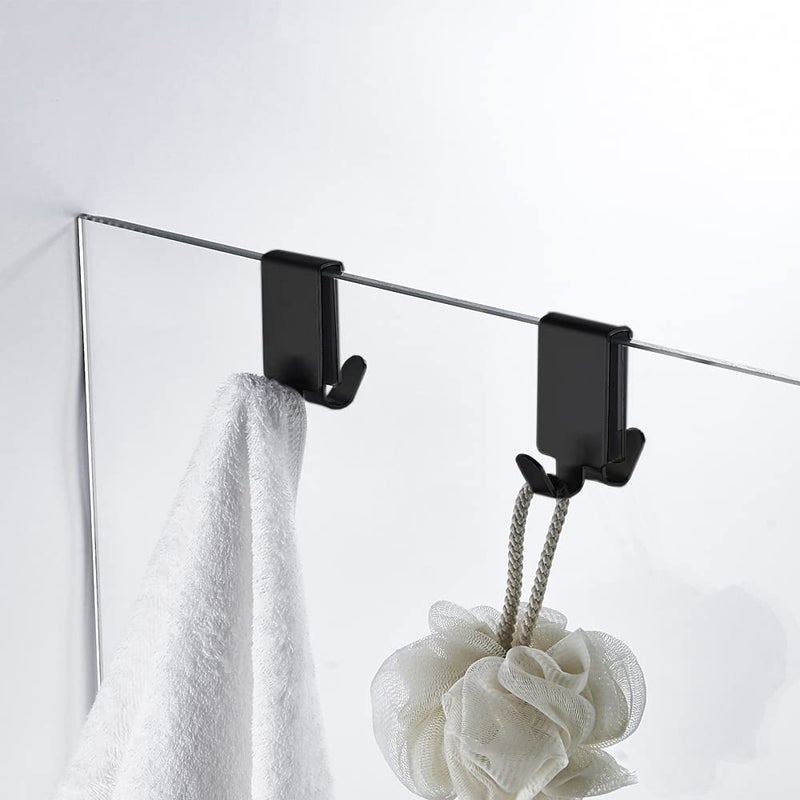 MOKIUER Double Hooks for Glass Shower Door  Towel Hooks Over The Bathroom Glass Wall 0.31-0.39in  Stainless Steel  Matte Black 2 Pack. - Image 1
